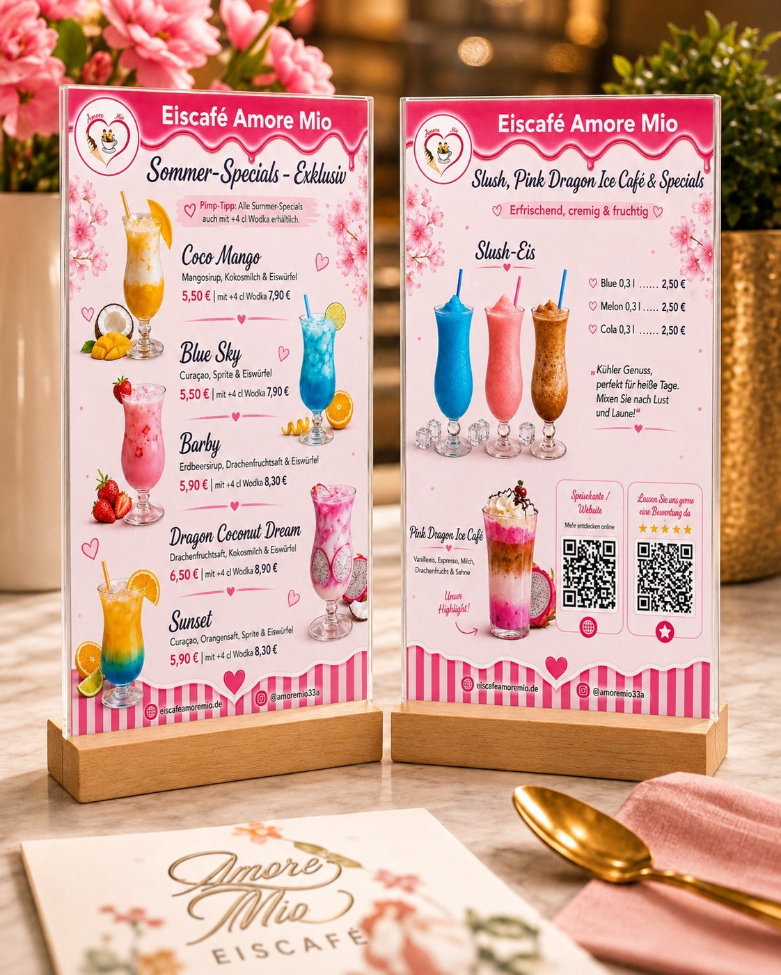 Eiscafé Amore Mio — Sommer-Specials als Tischaufsteller, UV-Druck von OHELIO