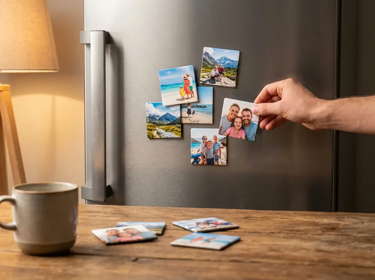 Foto-Magnete mit Urlaubs- und Familienfotos am Kühlschrank